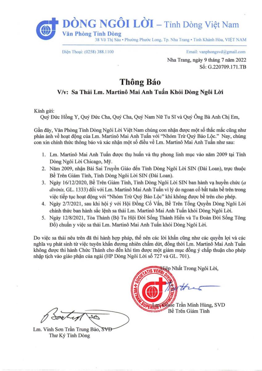 Thông báo: Sa thải Linh mục Martinô Mai Anh Tuấn khỏi Dòng Ngôi Lời
