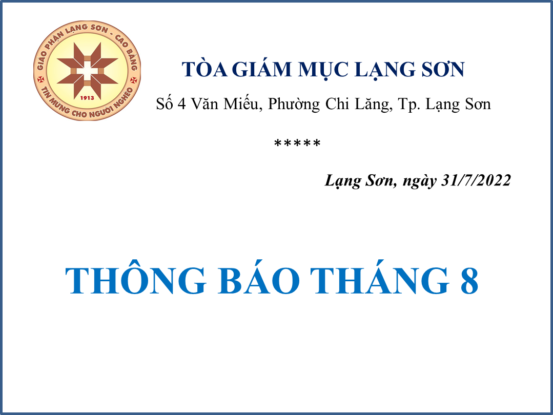 Toà Giám mục Lạng Sơn – Cao Bằng: Thông Báo Tháng 8