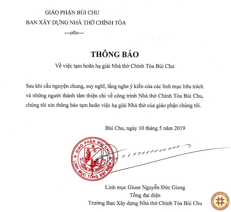 Tòa Giám Mục Bùi Chu hoãn việc hạ giải Nhà thờ Chính Toà