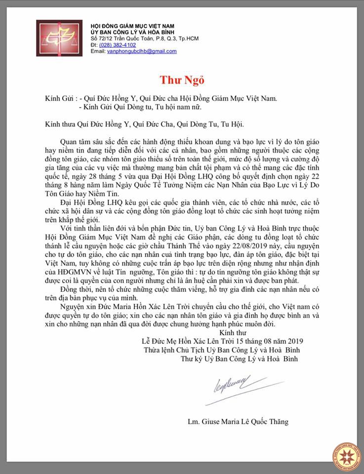 Thư Ngỏ của Uỷ Ban Công Lý và Hoà Bình trực thuộc Hội Đồng Giám Mục Việt Nam