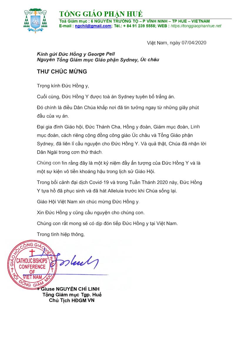thu chuc mung cua duc cha chu tich hdgm viet nam gui toi duc hong y george pell 1