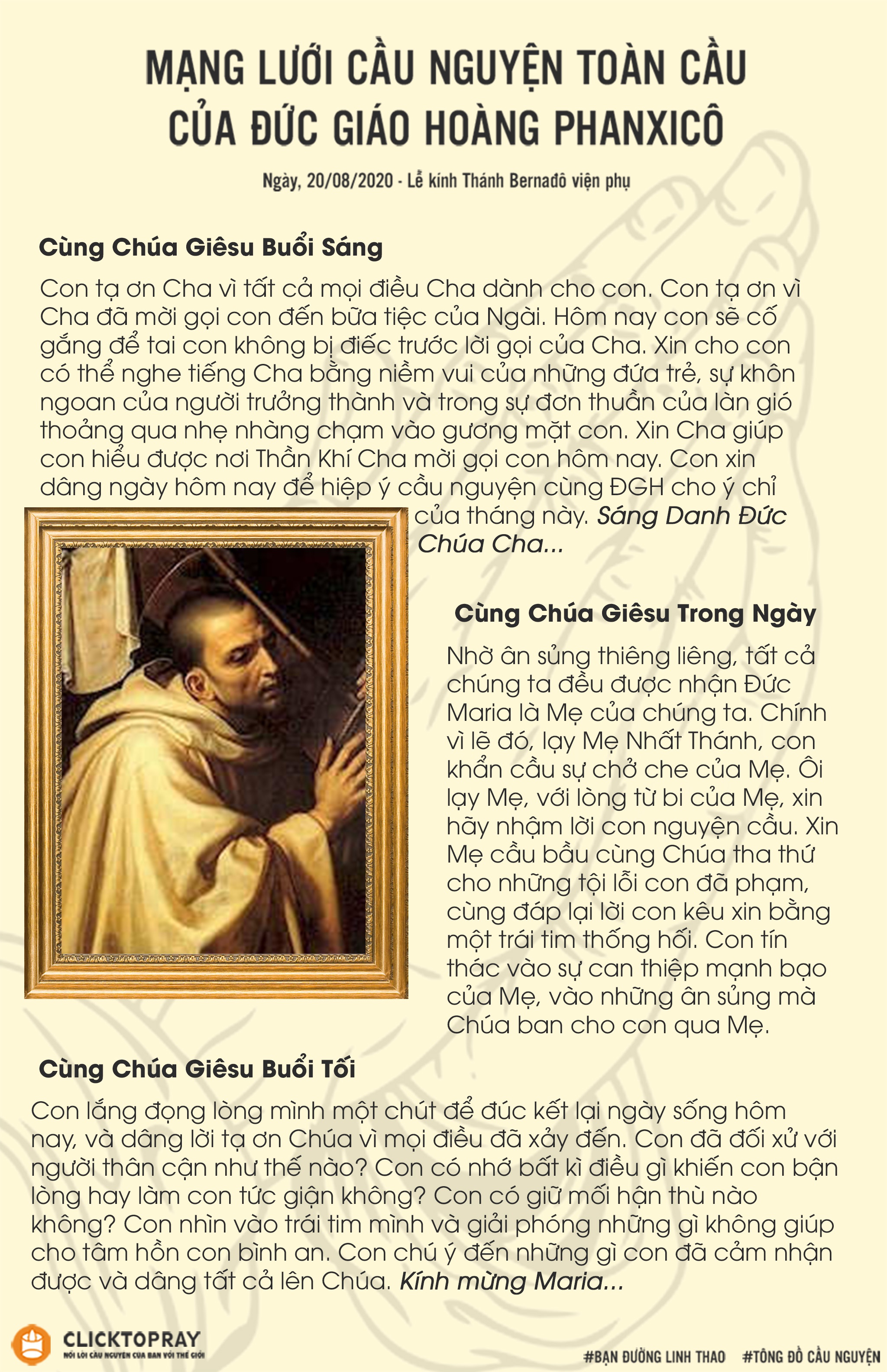 Tông đồ cầu nguyện ngày 20/8