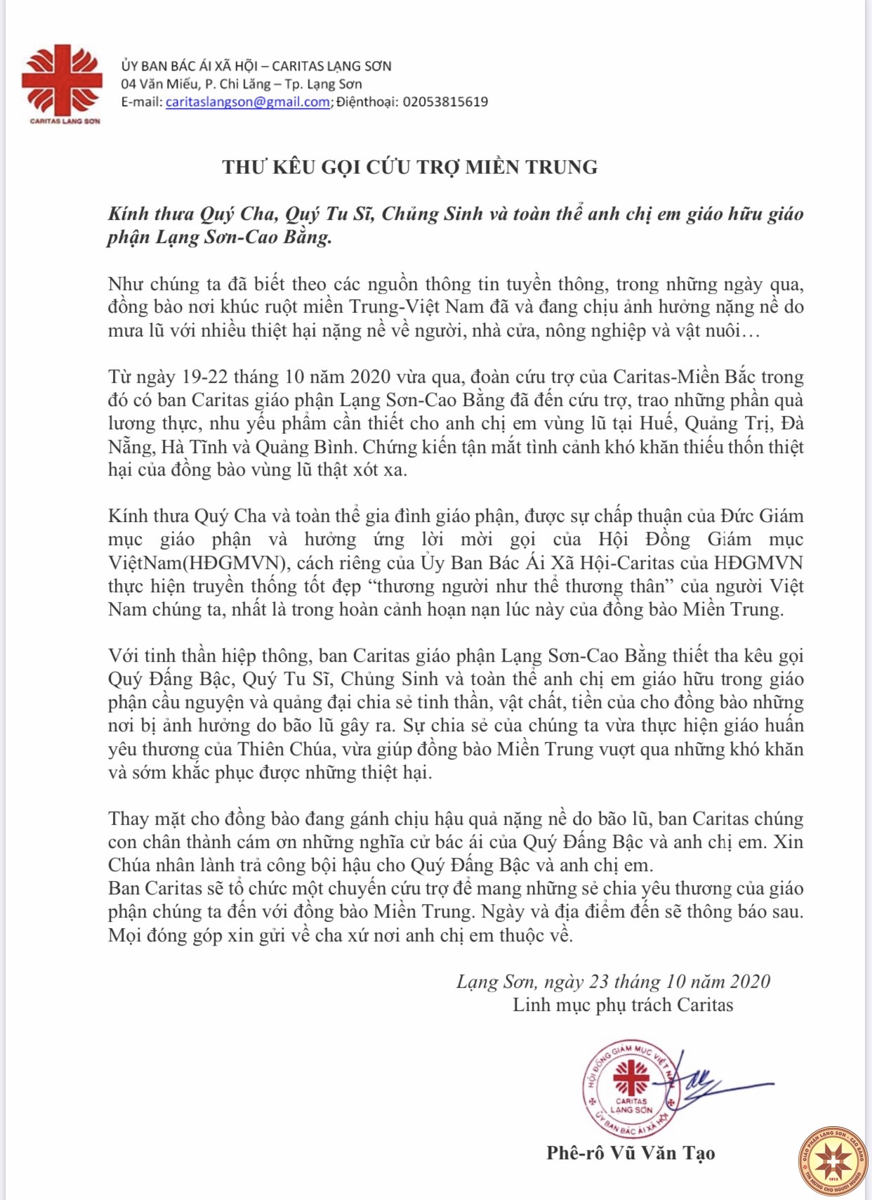 Thư kêu gọi đóng góp giúp đỡ đồng bào miền Trung của Caritas Giáo phận