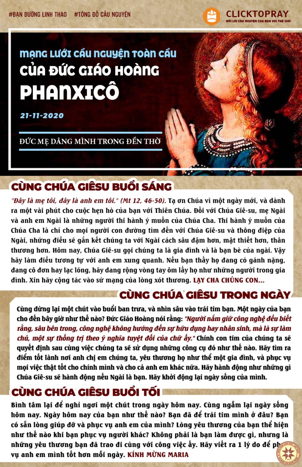 Tông đồ Cầu nguyện ngày 21/11